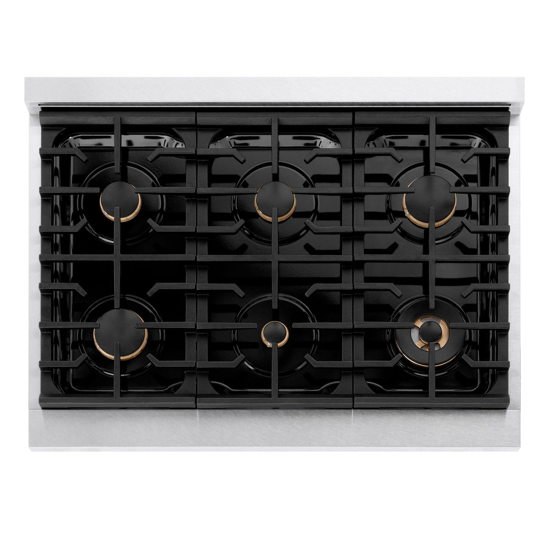 ZLINE 36 in. Autograph Edition Paramount Gas Rangetop with 6 Burners and Porcelain Cooktop in Satin Stainless Steel with Polished Gold Accents (SRTSZ-36-G)