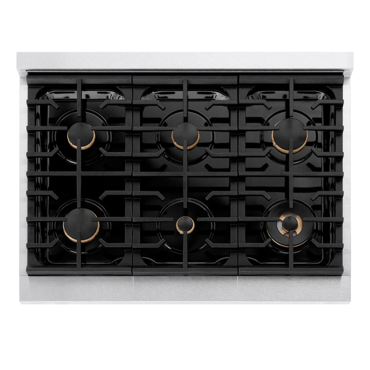 ZLINE 36 in. Autograph Edition Paramount Gas Rangetop with 6 Burners and Porcelain Cooktop in Satin Stainless Steel with Matte Black Accents (SRTSZ-36-MB)
