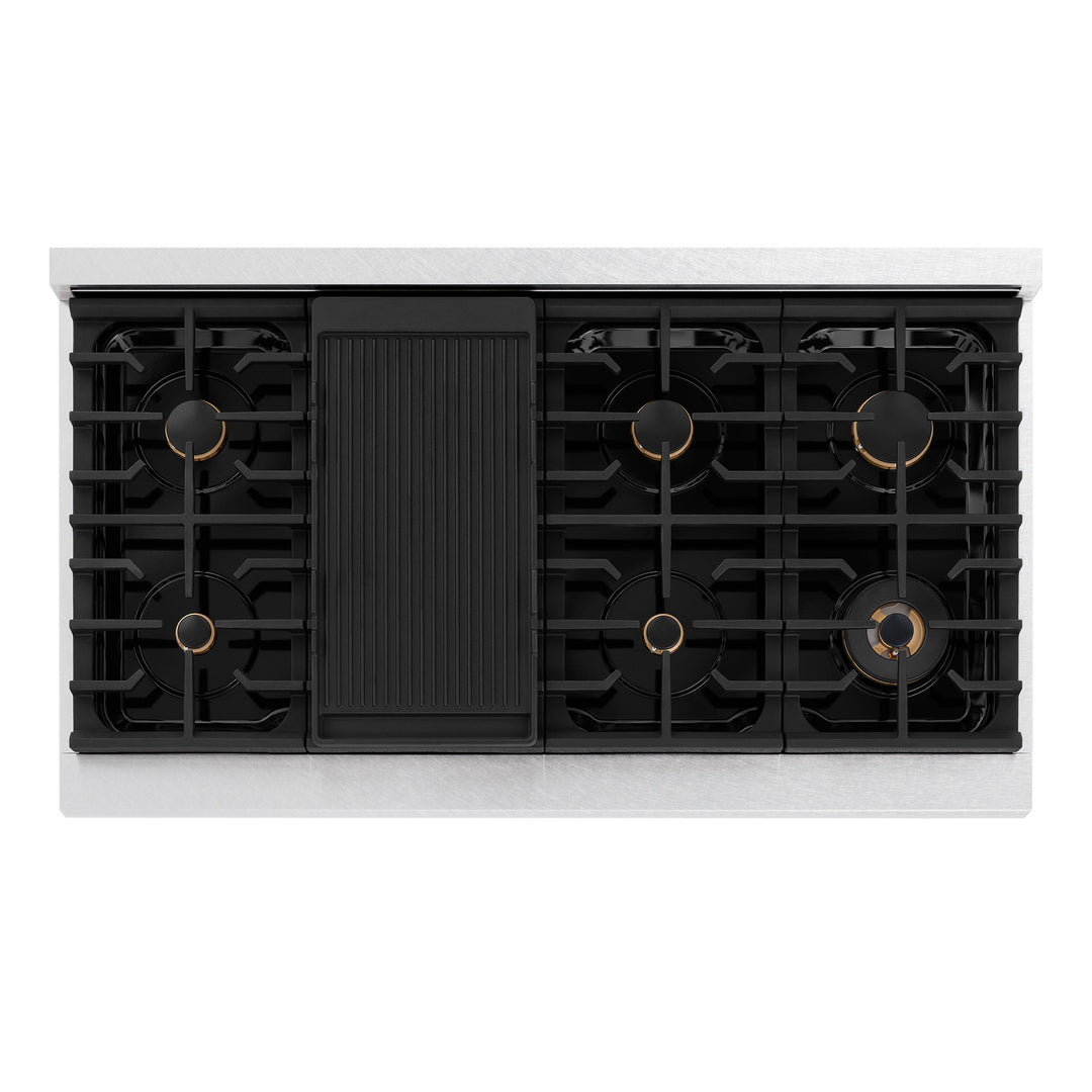 ZLINE 48 in. Autograph Edition Paramount Gas Rangetop with 8 Burners and Porcelain Cooktop in Satin Stainless Steel with Polished Gold Accents (SRTSZ-48-G)