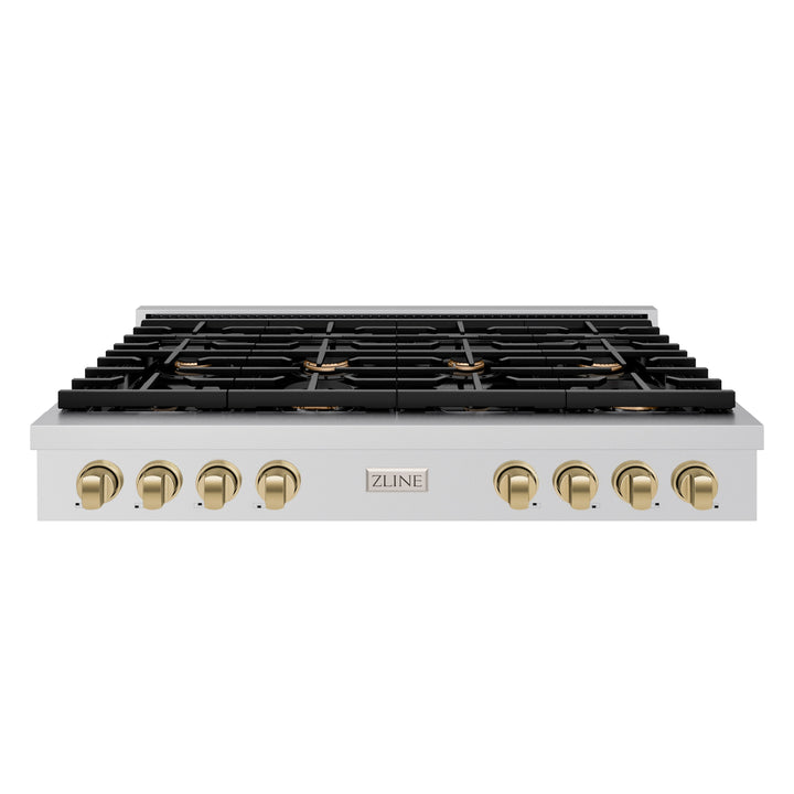 ZLINE Autograph 48" Paramount Gas Rangetop with 8 Burners, Cast Iron Griddle and Porcelain Cooktop in Stainless Steel with Champagne Bronze Accents, SRTZ-48-CB