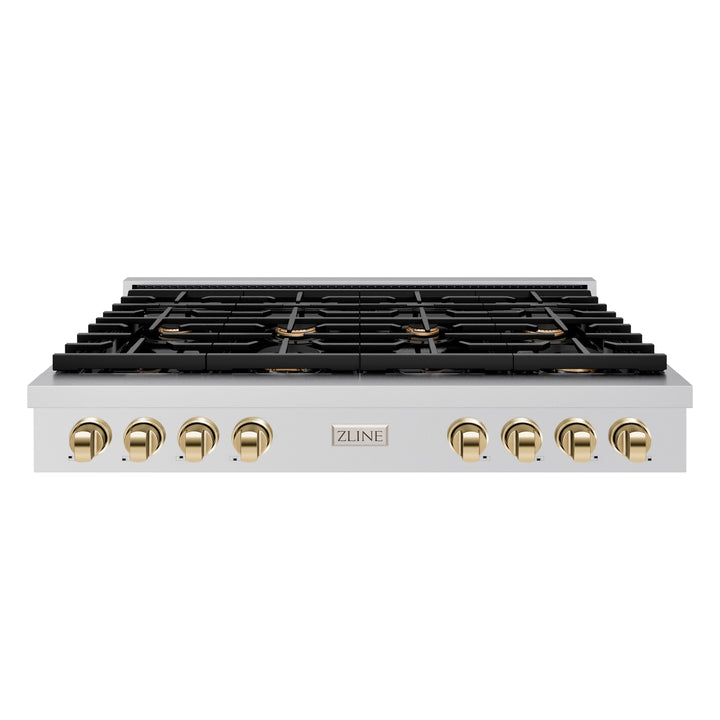 ZLINE Autograph 48" Paramount Gas Rangetop with 8 Burners, Cast Iron Griddle and Porcelain Cooktop in Stainless Steel with Polished Gold Accents, SRTZ-48-G