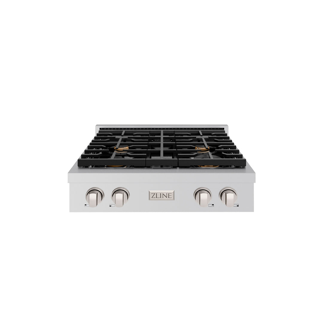 ZLINE Paramount 30" Gas Rangetop with 4 Brass Burners and Porcelain Cooktop in Stainless Steel, SRT-BR-30