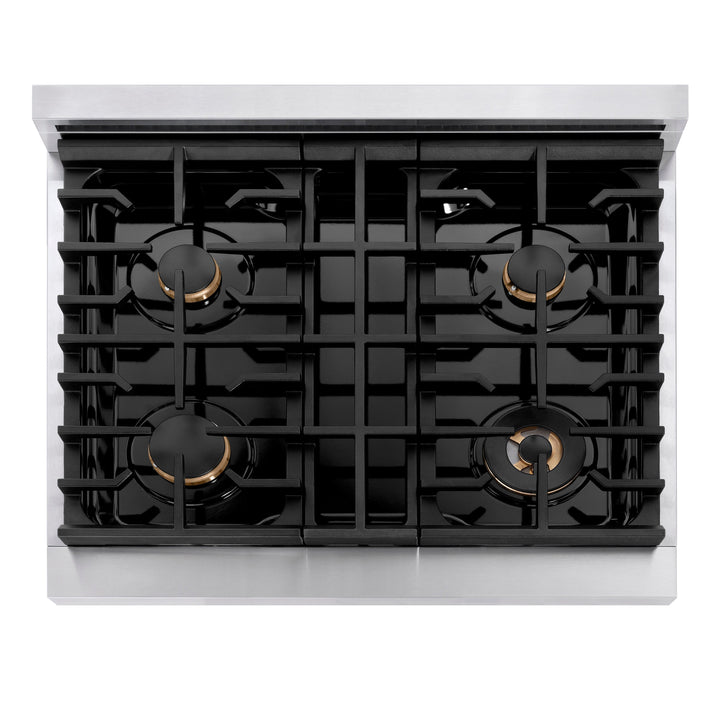 ZLINE Paramount 30" Gas Rangetop with 4 Brass Burners and Porcelain Cooktop in Stainless Steel, SRT-BR-30