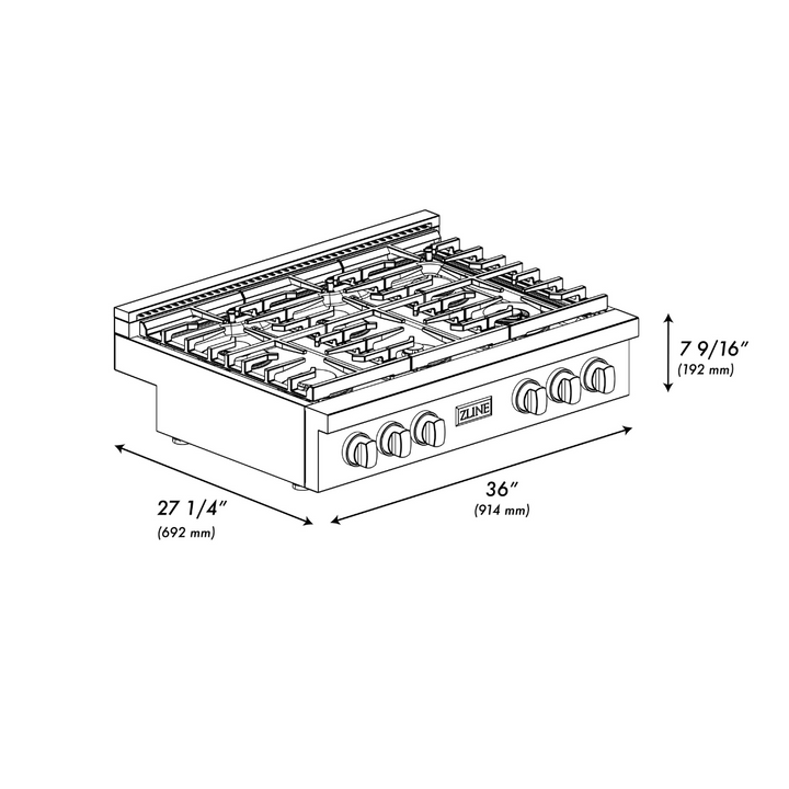 ZLINE Paramount 36" Gas Rangetop with 6 Brass Burners and Porcelain Cooktop in Stainless Steel, SRT-BR-36