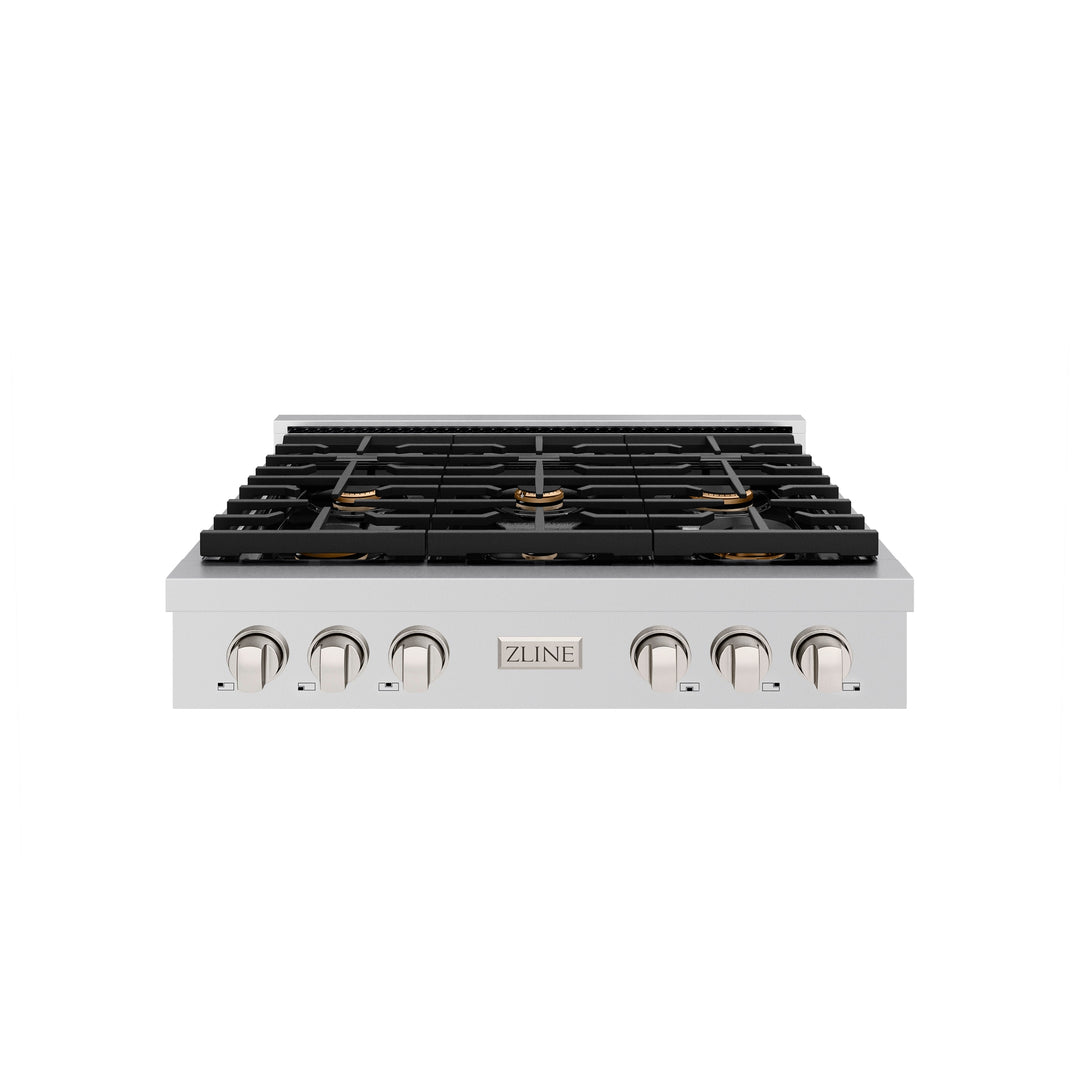 ZLINE Paramount 36" Gas Rangetop with 6 Brass Burners and Porcelain Cooktop in Stainless Steel, SRT-BR-36