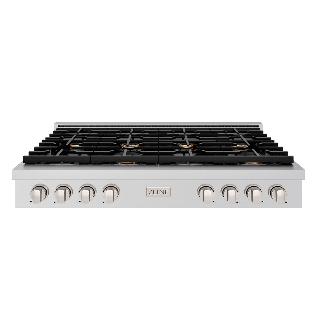 ZLINE Paramount 48" Gas Rangetop with 8 Brass Burners, Cast Iron Griddle and Porcelain Cooktop in Stainless Steel, SRT-BR-48