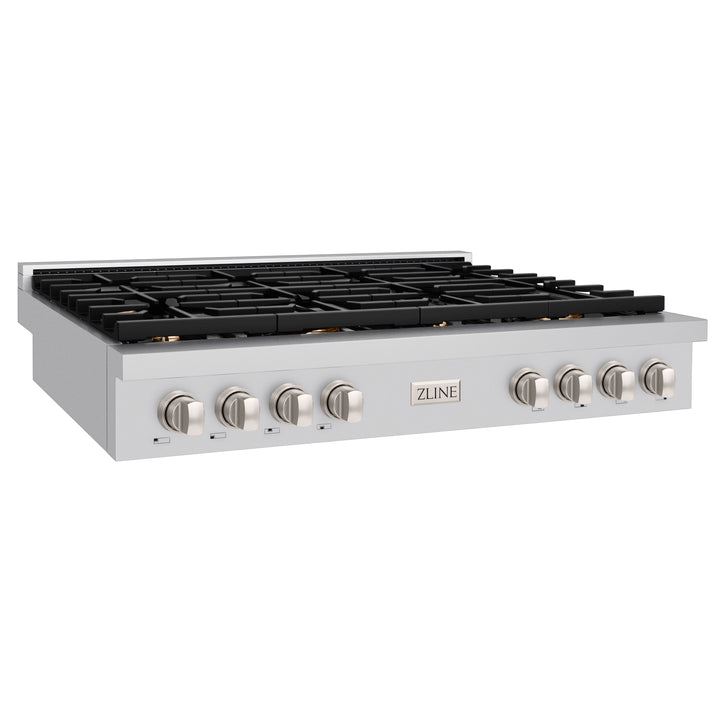 ZLINE Paramount 48" Gas Rangetop with 8 Brass Burners, Cast Iron Griddle and Porcelain Cooktop in Stainless Steel, SRT-BR-48