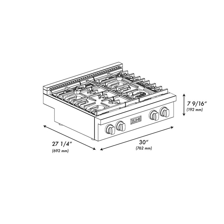 ZLINE Paramount 30" Gas Rangetop with 4 Burners and Porcelain Cooktop in Stainless Steel, SRT30