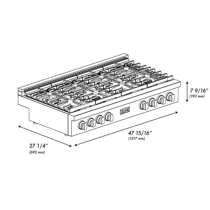 ZLINE Paramount 48" Gas Rangetop with 8 Burners, Cast Iron Griddle and Porcelain Cooktop in Stainless Steel, SRT48