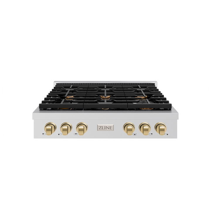 ZLINE Autograph 36" Paramount Gas Rangetop with 6 Burners and Porcelain Cooktop in Stainless Steel with Champagne Bronze Accents, SRTZ-36-CB