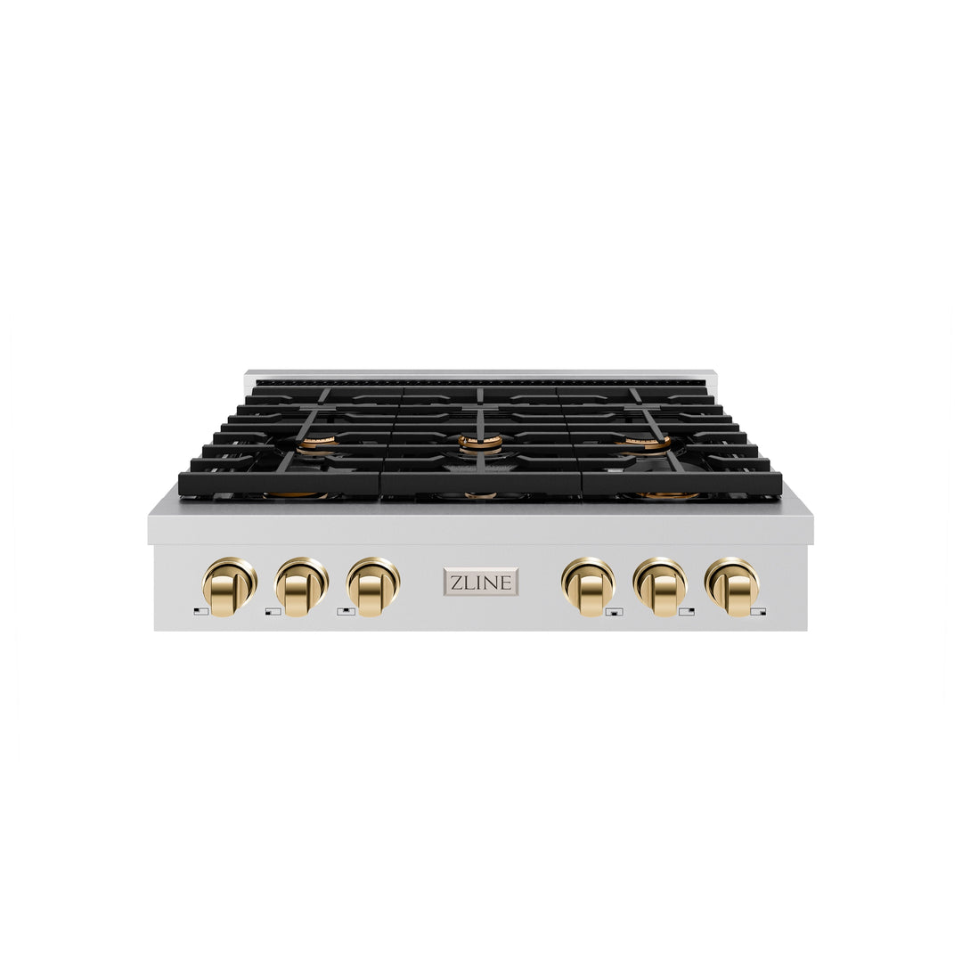 ZLINE Autograph 36" Paramount Gas Rangetop with 6 Burners and Porcelain Cooktop in Stainless Steel with Polished Gold Accents, SRTZ-36-G