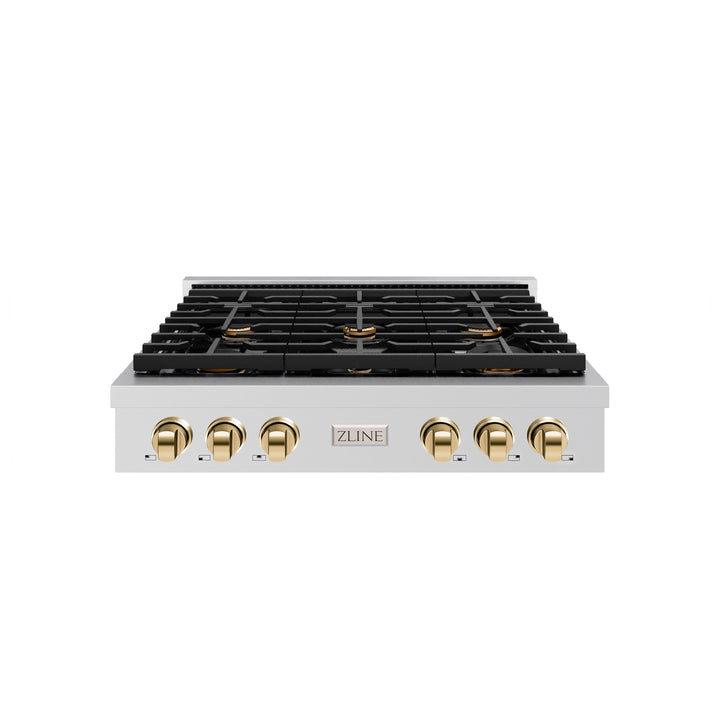 ZLINE Autograph 36" Paramount Gas Rangetop with 6 Burners and Porcelain Cooktop in Stainless Steel with Polished Gold Accents, SRTZ-36-G