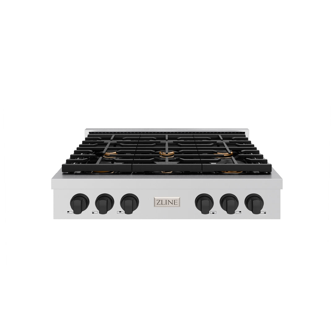 ZLINE Autograph 36" Paramount Gas Rangetop with 6 Burners and Porcelain Cooktop in Stainless Steel with Matte Black Accents, SRTZ-36-MB