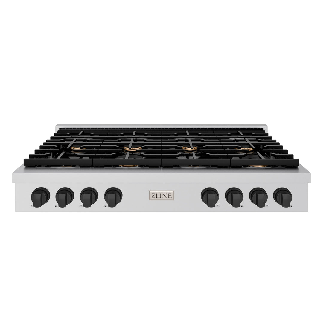 ZLINE Autograph 48" Paramount Gas Rangetop with 8 Burners, Cast Iron Griddle and Porcelain Cooktop in Stainless Steel with Matte Black Accents, SRTZ-48-MB