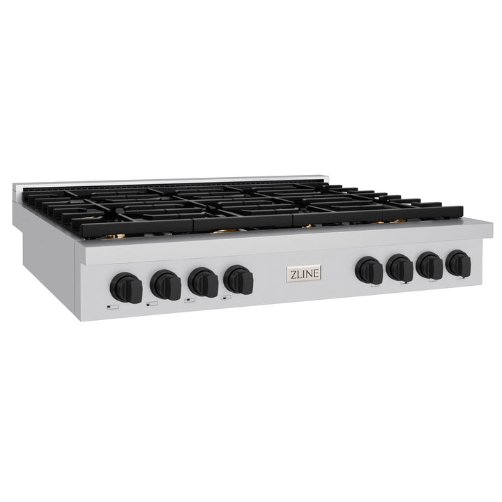 ZLINE Autograph 48" Paramount Gas Rangetop with 8 Burners, Cast Iron Griddle and Porcelain Cooktop in Stainless Steel with Matte Black Accents, SRTZ-48-MB