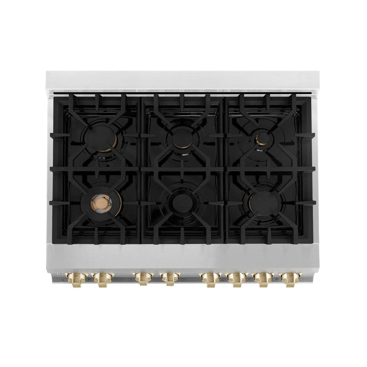 ZLINE Autograph Edition 36 in. Kitchen Package with Stainless Steel Dual Fuel Range, Range Hood, Dishwasher and Refrigerator Including External Water Dispenser with Polished Gold Accents (4AKPR-RARHDWM36-G)
