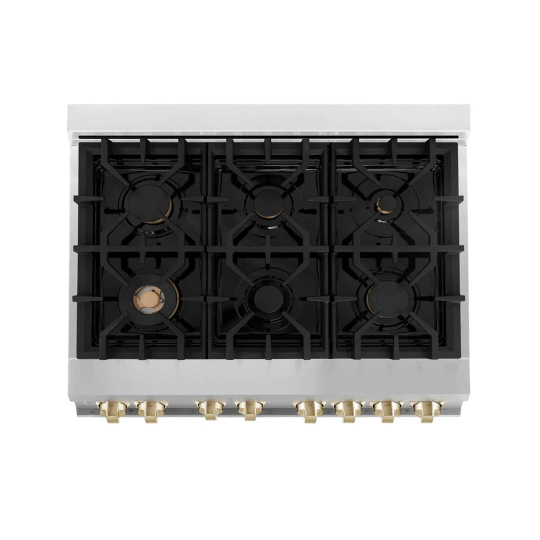 ZLINE Autograph Edition 30", 36", &amp; 48" Stainless Steel 4-Piece Kitchen Package with Polished Gold Accents—Dual Fuel Range, Wall Mount Range Hood, Dishwasher, and Refrigerator.