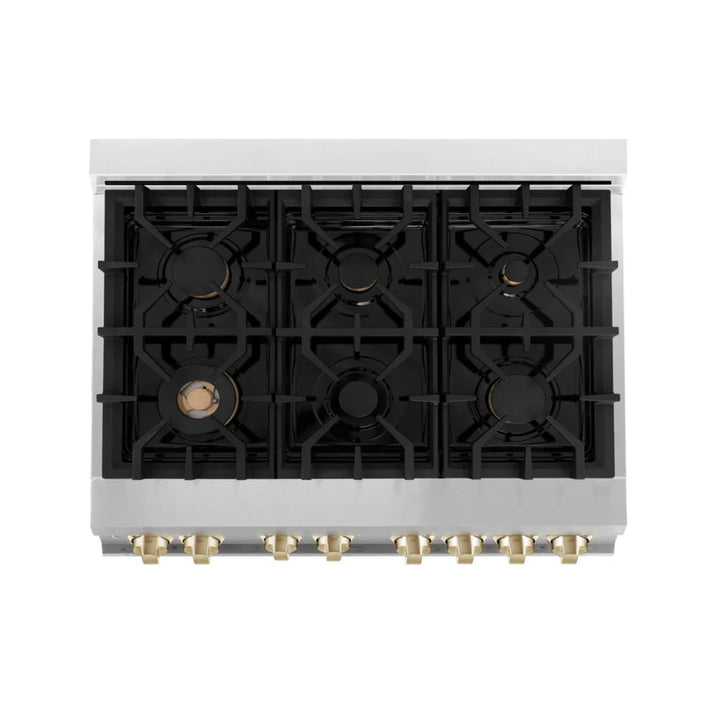 ZLINE Autograph Edition 30", 36", &amp; 48" Stainless Steel 4-Piece Kitchen Package with Polished Gold Accents—Dual Fuel Range, Wall Mount Range Hood, Dishwasher, and Refrigerator.