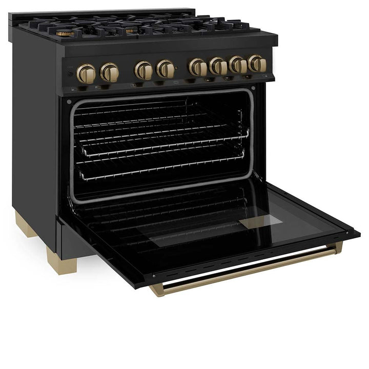 ZLINE Autograph Edition 36 in. Kitchen Package with Black Stainless Steel Dual Fuel Range, Range Hood, Dishwasher and Refrigerator Including Internal Water Dispenser with Champagne Bronze Accents (4AKPR-RABRHDWV36-CB)