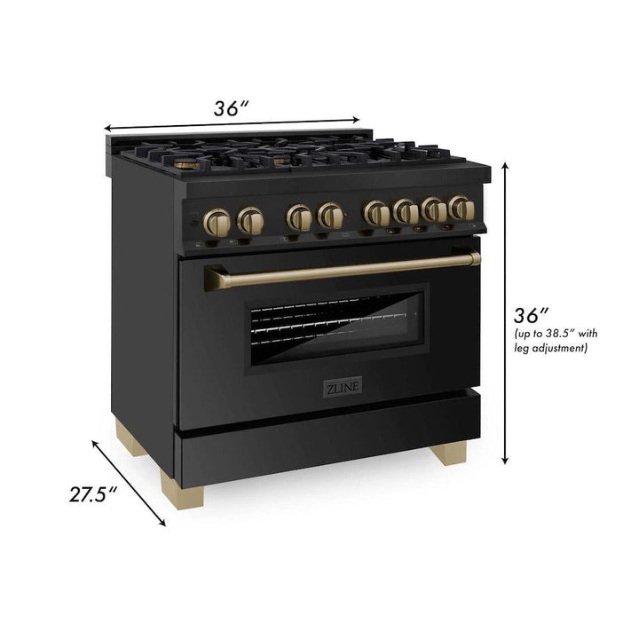ZLINE Autograph Edition 36 in. Kitchen Package with Black Stainless Steel Dual Fuel Range, Range Hood, Dishwasher and Refrigerator Including Internal Water Dispenser with Champagne Bronze Accents (4AKPR-RABRHDWV36-CB)