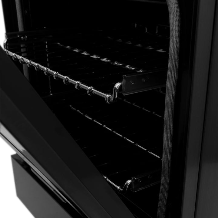 ZLINE 24 in. 2.8 cu. ft. Legacy Dual Fuel Range with 4 Burner Gas Cooktop and Electric Convection Oven in Black Stainless Steel, Open Box-Excellent Condition