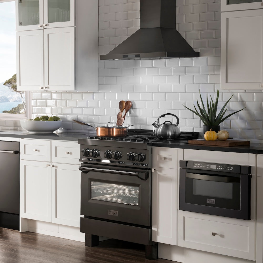 ZLINE 30 in. 4.0 cu. ft. Legacy Dual Fuel Range with 4 Burner Gas Cooktop and Electric Convection Oven in Black Stainless Steel, Open Box-Excellent Condition