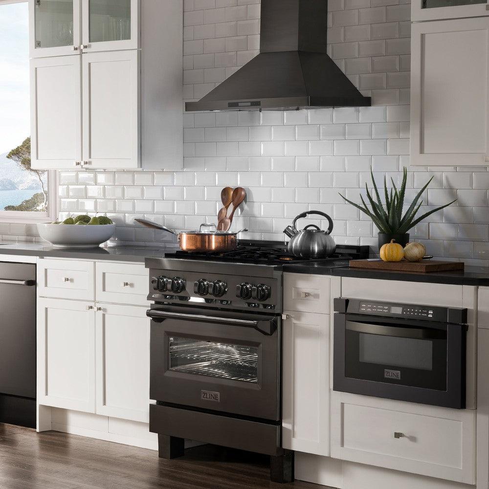 ZLINE 30 in. 4.0 cu. ft. Legacy Dual Fuel Range with Gas Cooktop and Electric Convection Oven in Black Stainless Steel with 4 Brass Burners (RAB-BR-30)