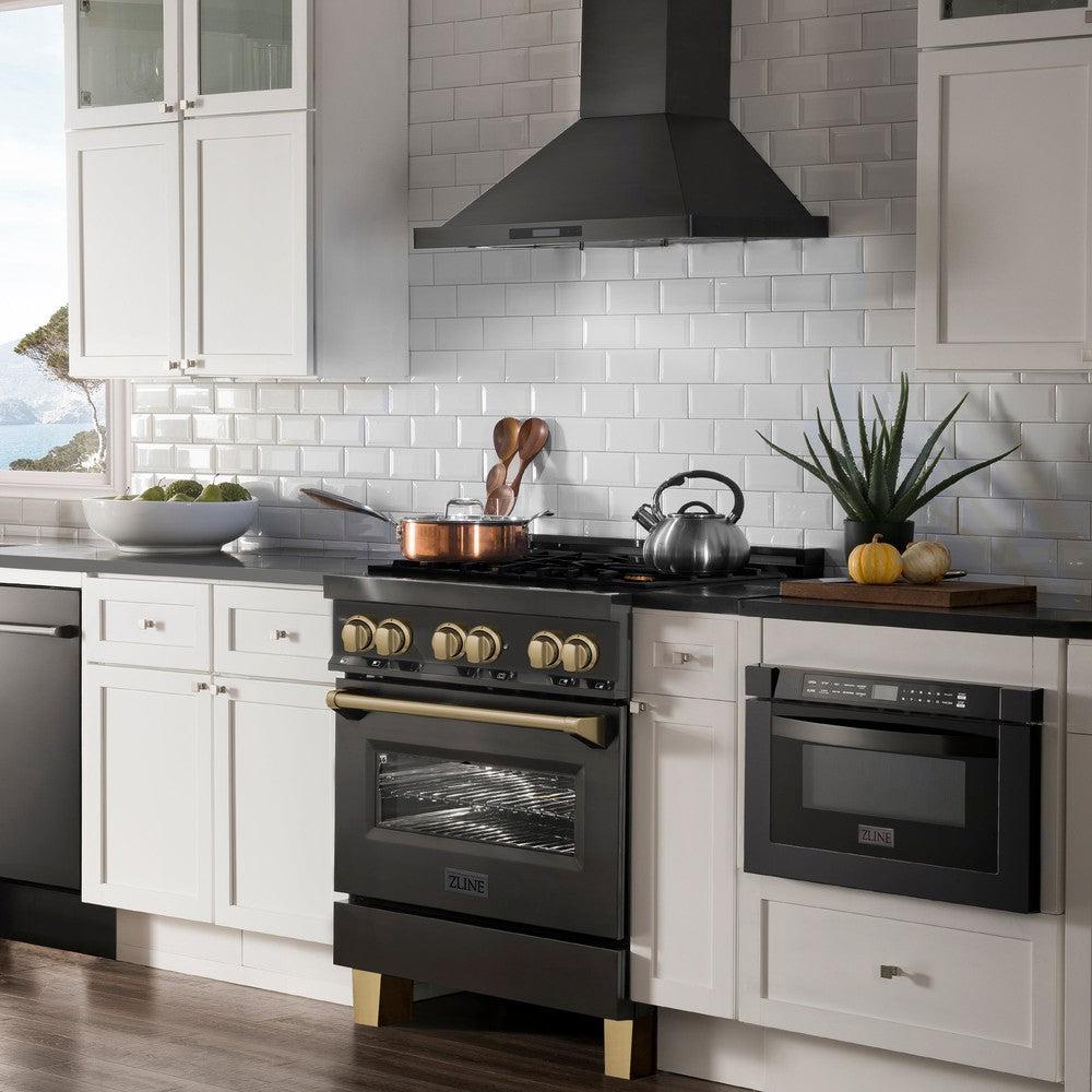 ZLINE Autograph Edition 30 in. 4.0 cu. ft. Legacy Dual Fuel Range with 4 Burner Gas Cooktop and Electric Convection Oven in Black Stainless Steel and Champagne Bronze Accents (RABZ-30-CB)
