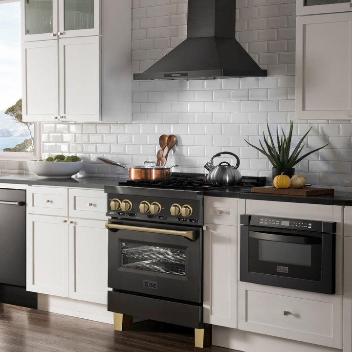 ZLINE Autograph Edition 30 in. 4.0 cu. ft. Legacy Dual Fuel Range with 4 Burner Gas Cooktop and Electric Convection Oven in Black Stainless Steel and Champagne Bronze Accents (RABZ-30-CB)
