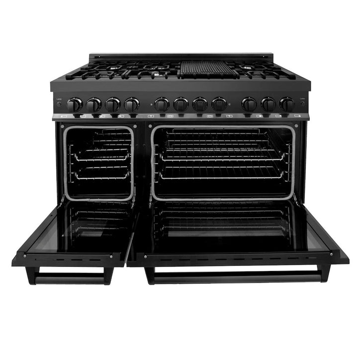 ZLINE 48 in. 6.0 cu. ft. Legacy Dual Fuel Range with 7 Burner Gas Cooktop and 2 Electric Ovens in Black Stainless Steel, Open Box-Excellent Condition