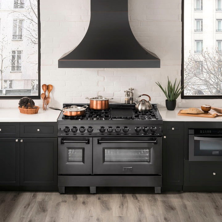 ZLINE 48 in. 6.0 cu. ft. Legacy Dual Fuel Range with 7 Burner Gas Cooktop and 2 Electric Ovens in Black Stainless Steel, Open Box-Excellent Condition