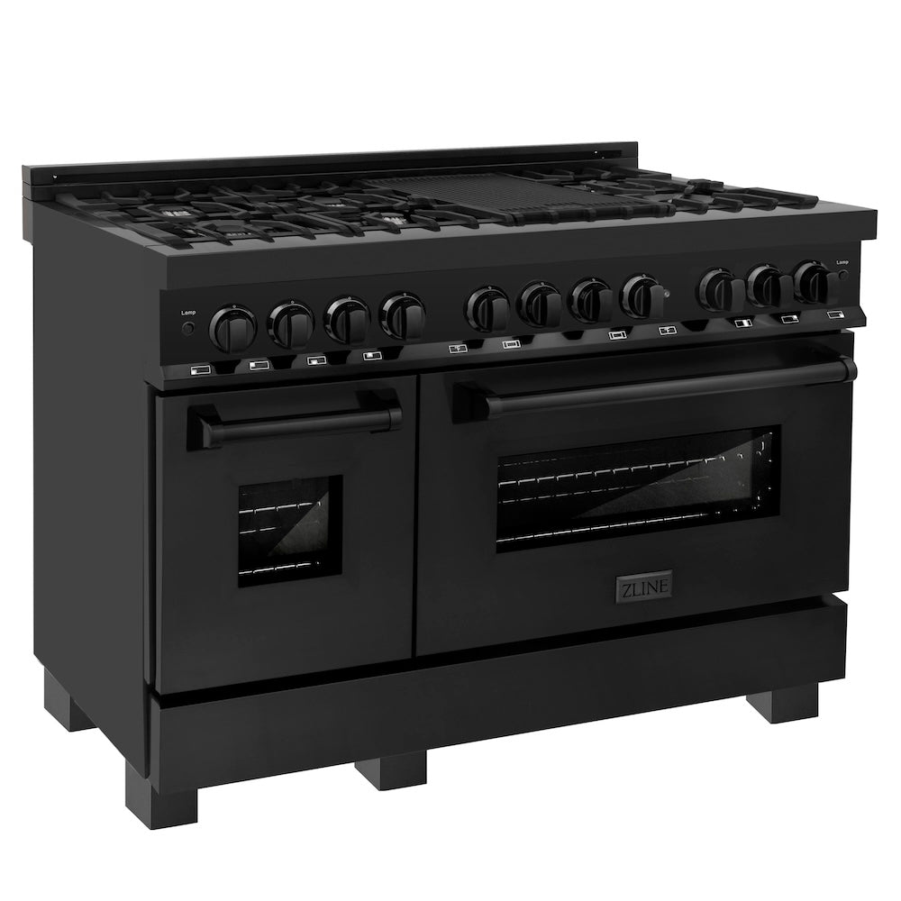 ZLINE 48 in. 6.0 cu. ft. Legacy Dual Fuel Range with 7 Burner Gas Cooktop and 2 Electric Ovens in Black Stainless Steel, Open Box-Excellent Condition