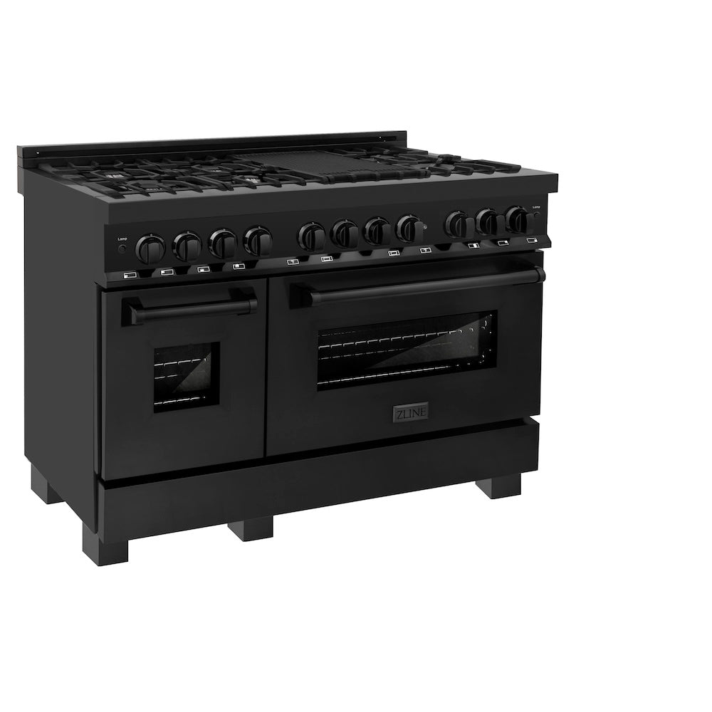 ZLINE 48 in. 6.0 cu. ft. Legacy Dual Fuel Range with 7 Burner Gas Cooktop and 2 Electric Ovens in Black Stainless Steel, Open Box-Excellent Condition