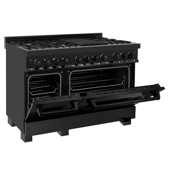 ZLINE 48 in. 6.0 cu. ft. Legacy Dual Fuel Range with 7 Burner Gas Cooktop and 2 Electric Ovens in Black Stainless Steel, Open Box-Excellent Condition