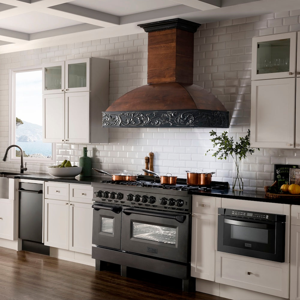 ZLINE 48 in. 6.0 cu. ft. Legacy Dual Fuel Range with 7 Burner Gas Cooktop and 2 Electric Ovens in Black Stainless Steel, Open Box-Excellent Condition