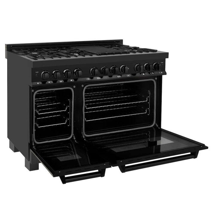 ZLINE 48 in. 6.0 cu. ft. Legacy Dual Fuel Range with 7 Burner Gas Cooktop and 2 Electric Ovens in Black Stainless Steel, Open Box-Excellent Condition