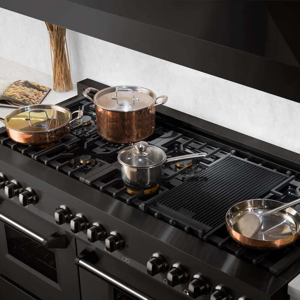 ZLINE 60 in. 7.4 cu. ft. Legacy Dual Fuel Range with 9 Burner Gas Cooktop and 2 Electric Convection Ovens in Black Stainless Steel, Open Box-Excellent Condition
