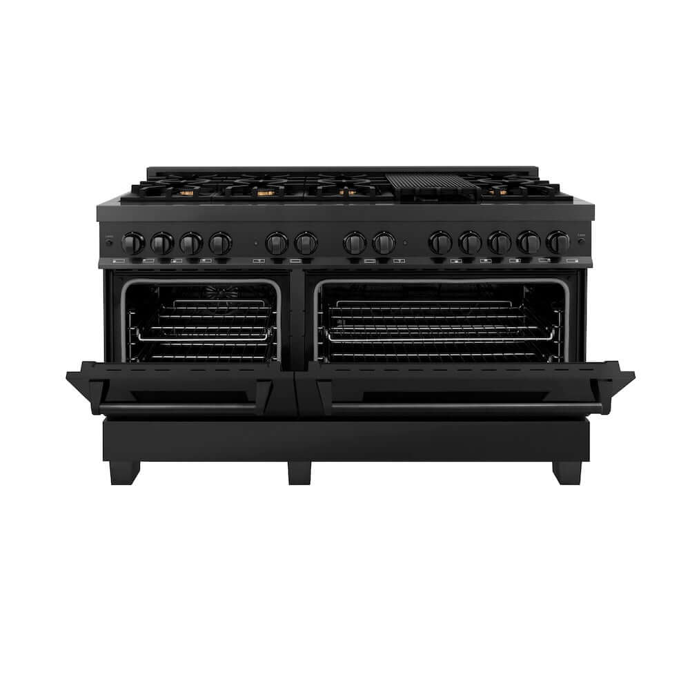 ZLINE 60 in. 7.4 cu. ft. Legacy Dual Fuel Range with 9 Burner Gas Cooktop and 2 Electric Convection Ovens in Black Stainless Steel, Open Box-Excellent Condition