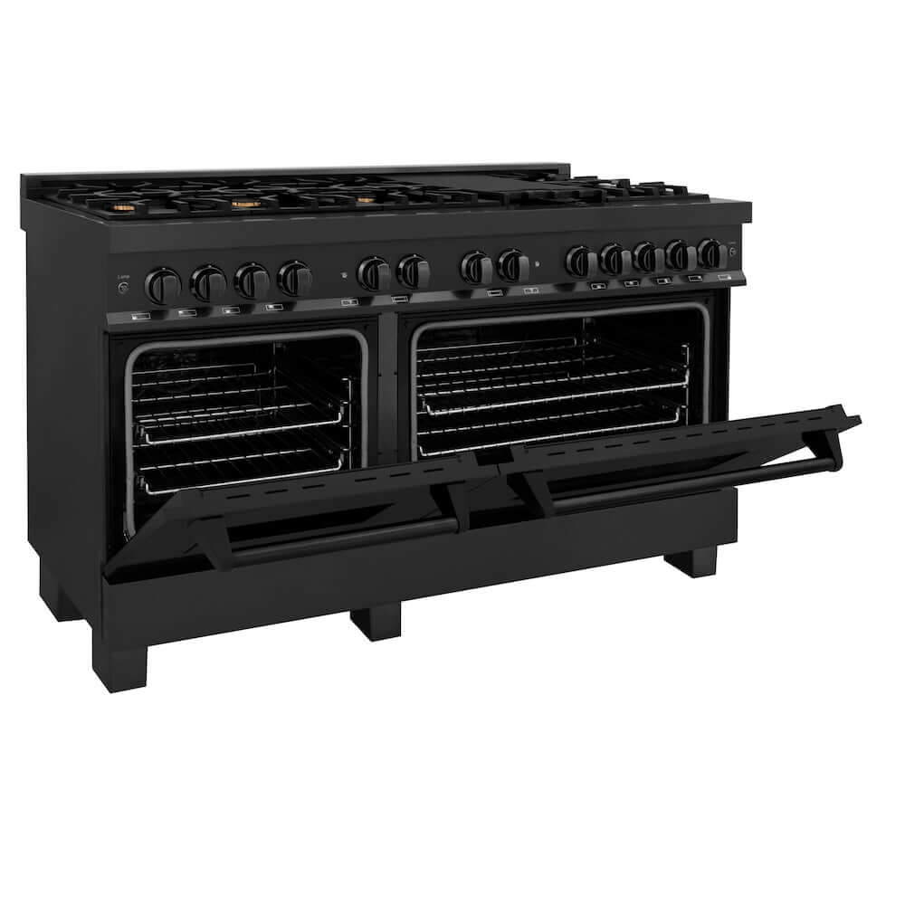 ZLINE 60 in. 7.4 cu. ft. Legacy Dual Fuel Range with 9 Burner Gas Cooktop and 2 Electric Convection Ovens in Black Stainless Steel, Open Box-Excellent Condition