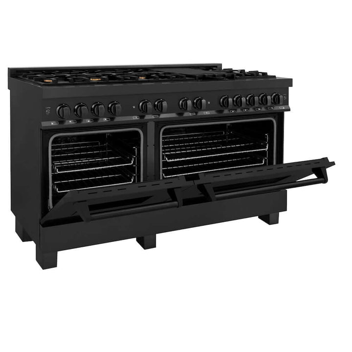 ZLINE 60 in. 7.4 cu. ft. Legacy Dual Fuel Range with 9 Burner Gas Cooktop and 2 Electric Convection Ovens in Black Stainless Steel, Open Box-Excellent Condition