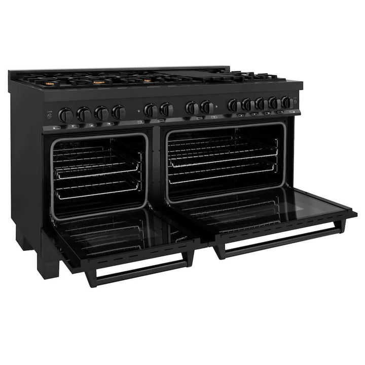 ZLINE 60 in. 7.4 cu. ft. Legacy Dual Fuel Range with 9 Burner Gas Cooktop and 2 Electric Convection Ovens in Black Stainless Steel, Open Box-Excellent Condition
