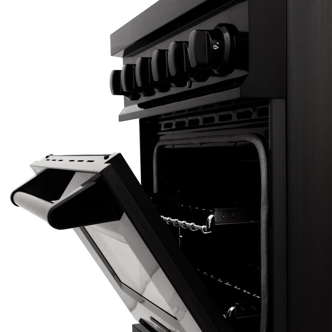 ZLINE 24 in. 2.8 cu. ft. Legacy Dual Fuel Range with Gas Cooktop and Electric Convection Oven in Black Stainless Steel with 4 Brass Burners, Open Box-Excellent Condition