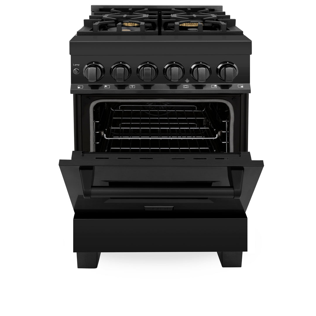 ZLINE 24 in. 2.8 cu. ft. Legacy Dual Fuel Range with Gas Cooktop and Electric Convection Oven in Black Stainless Steel with 4 Brass Burners, Open Box-Excellent Condition