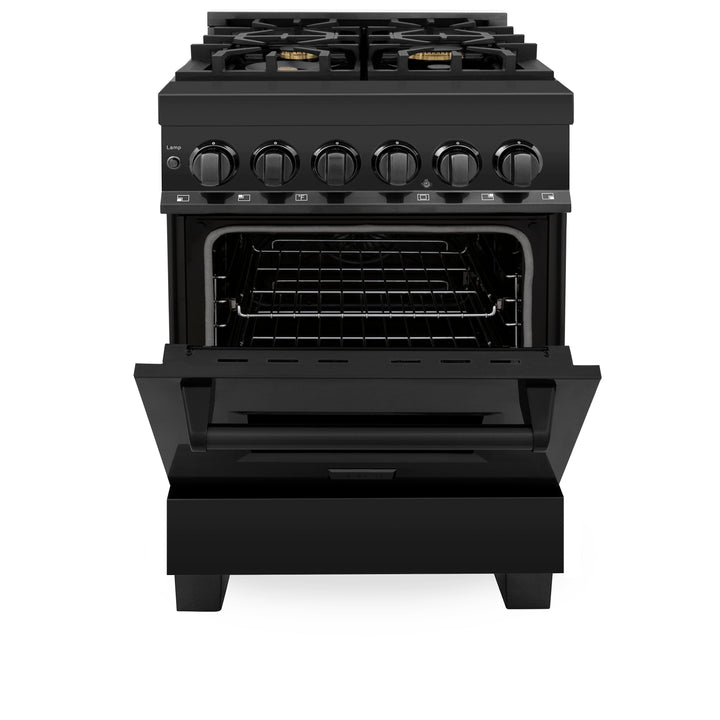 ZLINE 24 in. 2.8 cu. ft. Legacy Dual Fuel Range with Gas Cooktop and Electric Convection Oven in Black Stainless Steel with 4 Brass Burners, Open Box-Excellent Condition