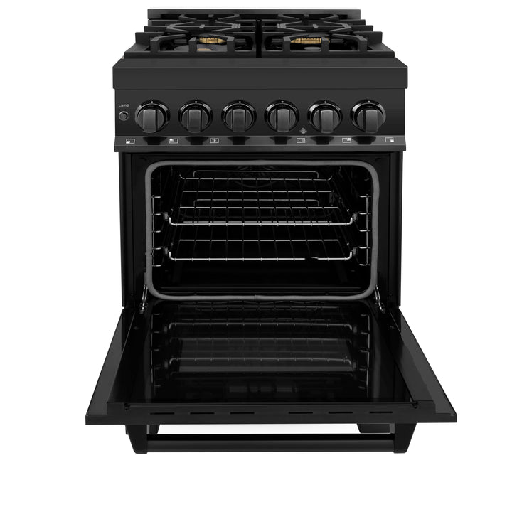ZLINE 24 in. 2.8 cu. ft. Legacy Dual Fuel Range with Gas Cooktop and Electric Convection Oven in Black Stainless Steel with 4 Brass Burners, Open Box-Excellent Condition