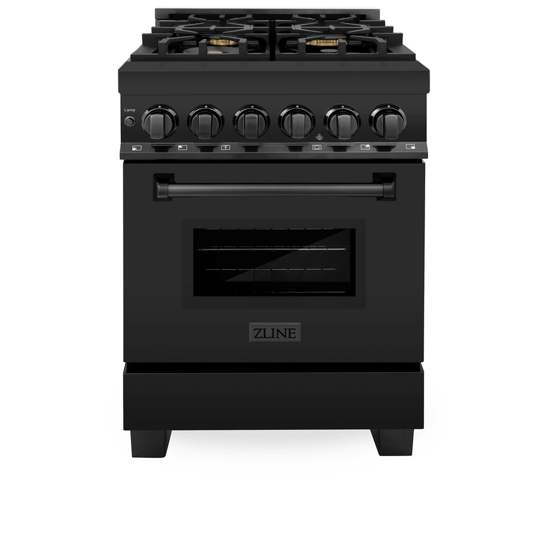 ZLINE 24 in. 2.8 cu. ft. Legacy Dual Fuel Range with Gas Cooktop and Electric Convection Oven in Black Stainless Steel with 4 Brass Burners, Open Box-Excellent Condition
