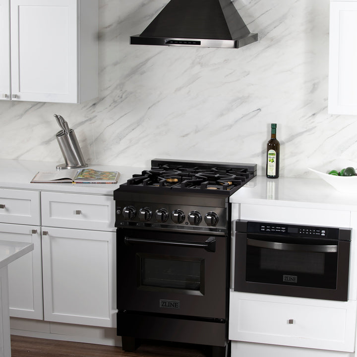 ZLINE 24 in. 2.8 cu. ft. Legacy Dual Fuel Range with Gas Cooktop and Electric Convection Oven in Black Stainless Steel with 4 Brass Burners, Open Box-Excellent Condition