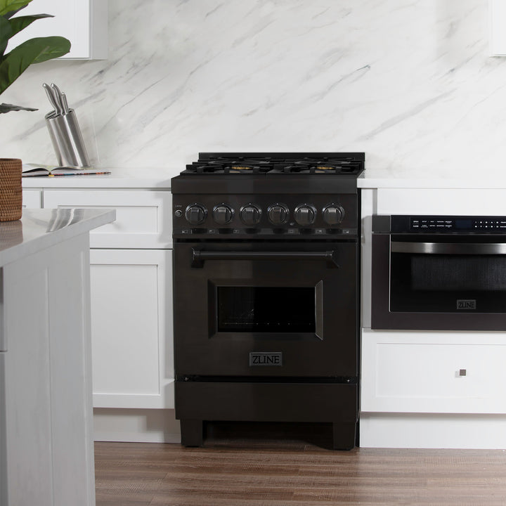 ZLINE 24 in. 2.8 cu. ft. Legacy Dual Fuel Range with Gas Cooktop and Electric Convection Oven in Black Stainless Steel with 4 Brass Burners, Open Box-Excellent Condition