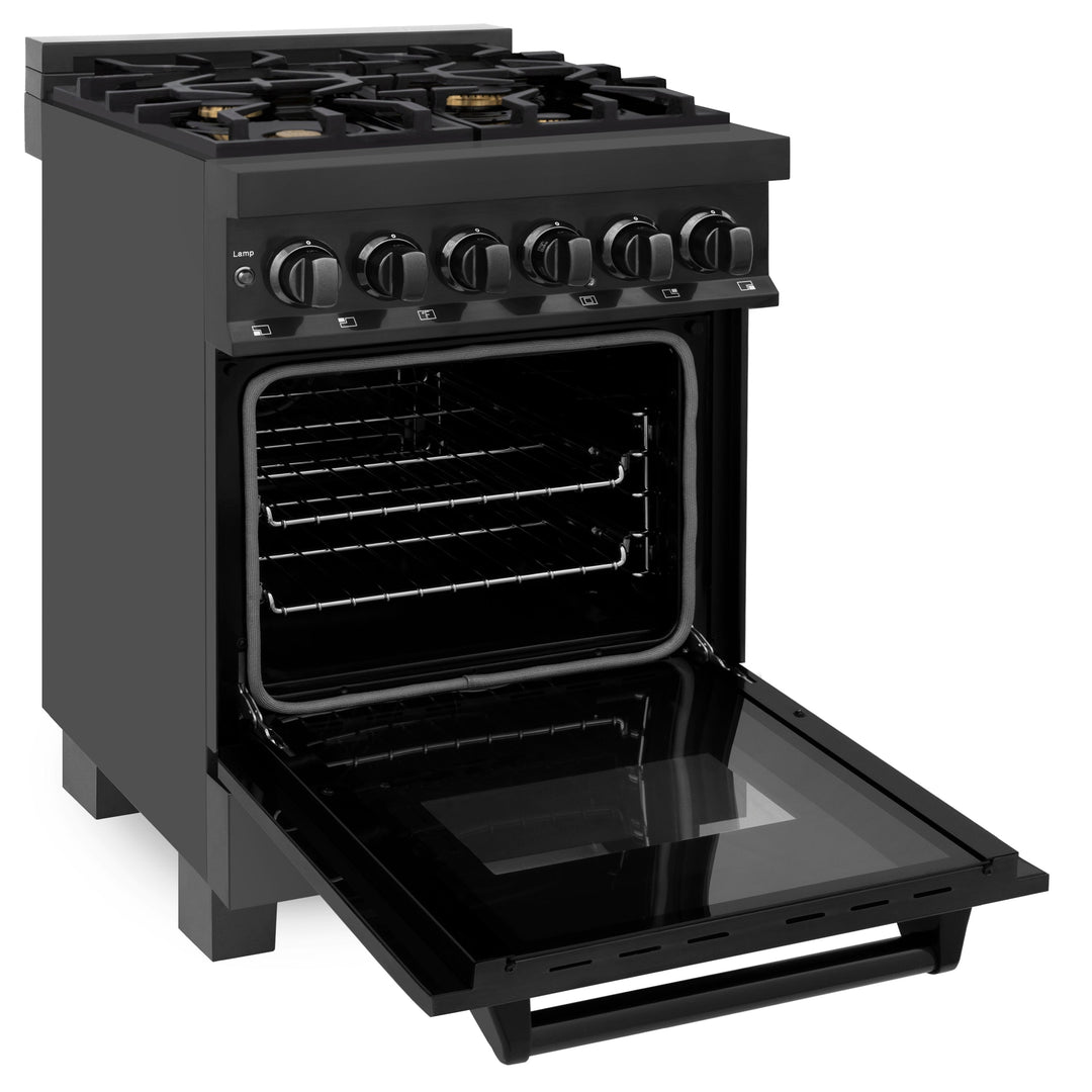ZLINE 24 in. 2.8 cu. ft. Legacy Dual Fuel Range with Gas Cooktop and Electric Convection Oven in Black Stainless Steel with 4 Brass Burners, Open Box-Excellent Condition