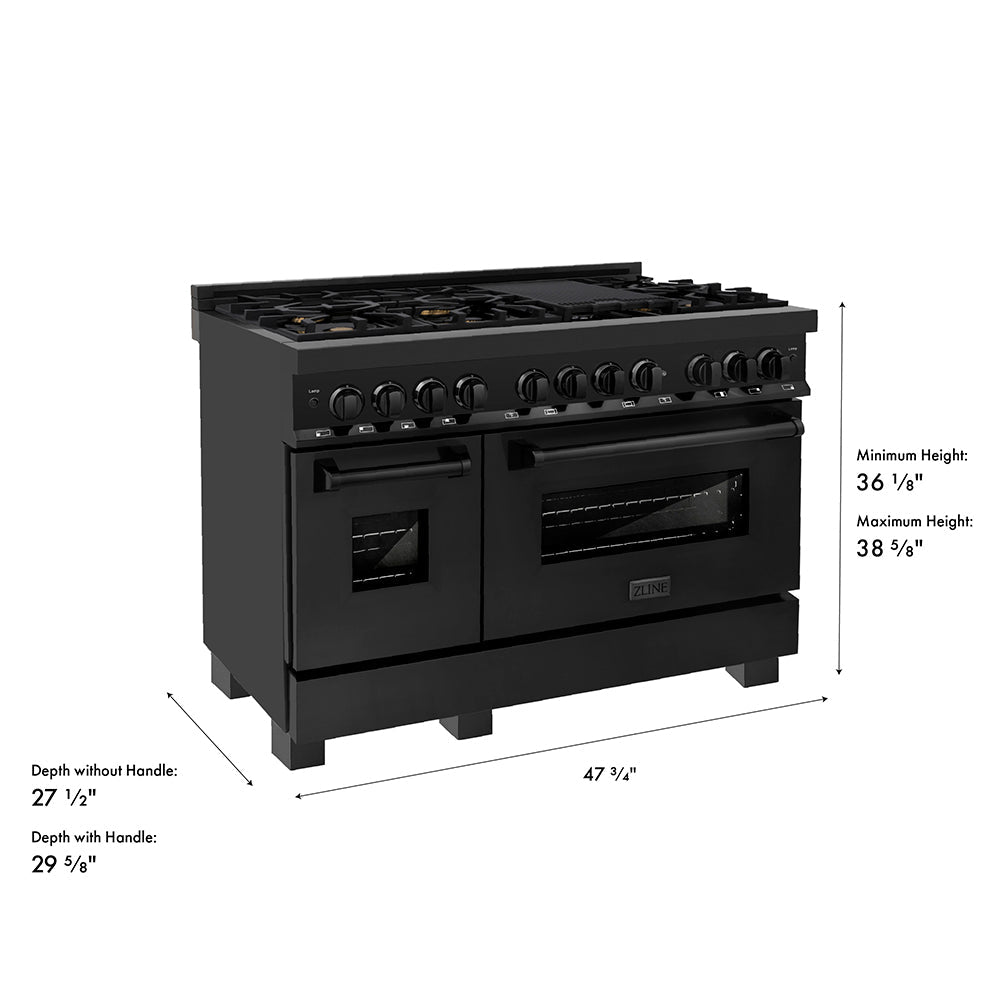 ZLINE 48 in. 6.0 cu. ft. Legacy Dual Fuel Range with Gas Cooktop and 2 Electric Ovens in Black Stainless Steel with 6 Brass Burners, Open Box-Excellent Condition